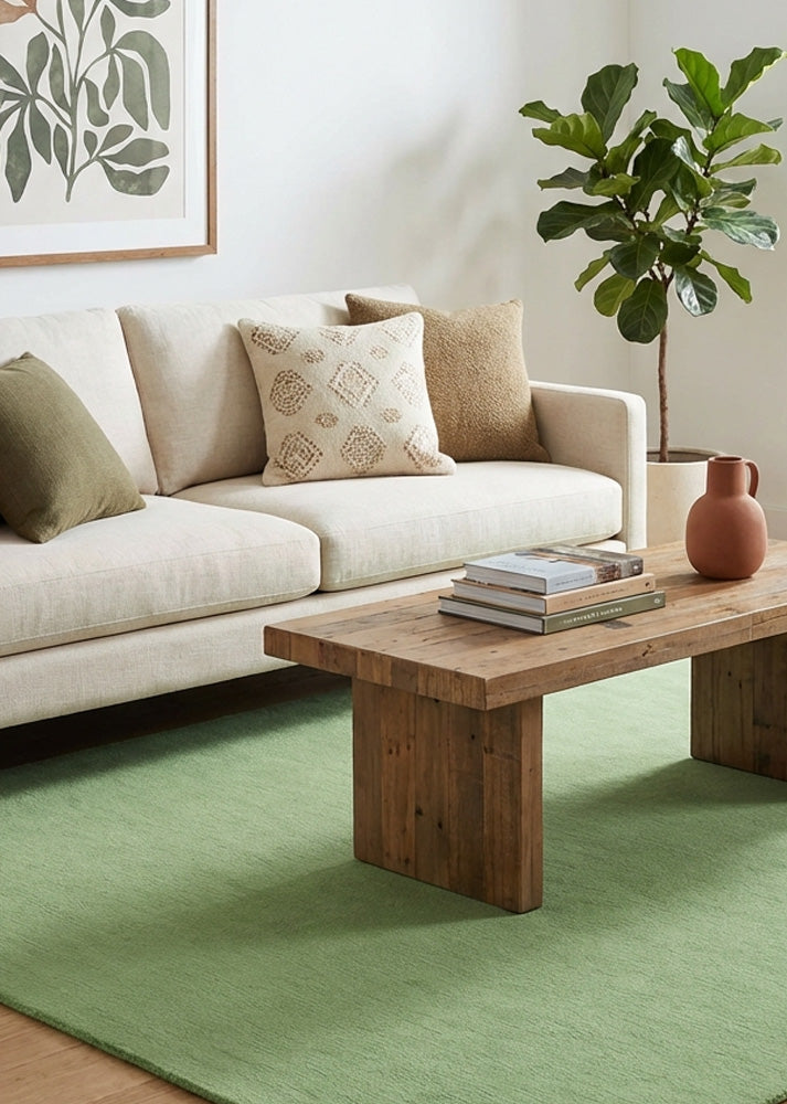 Pastel green wool rug in living room