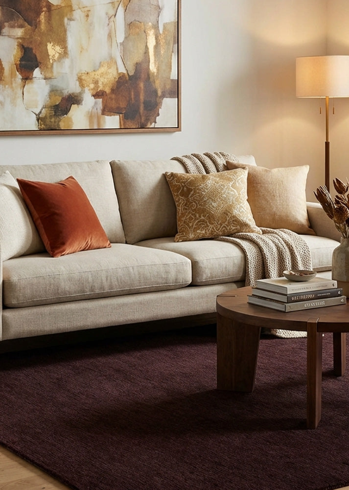 Deep maroon wool rug in modern living room