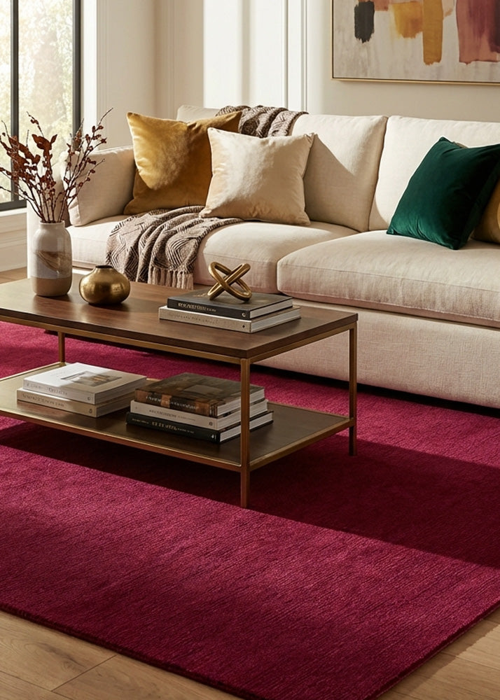 Maroon wool rug in modern living room