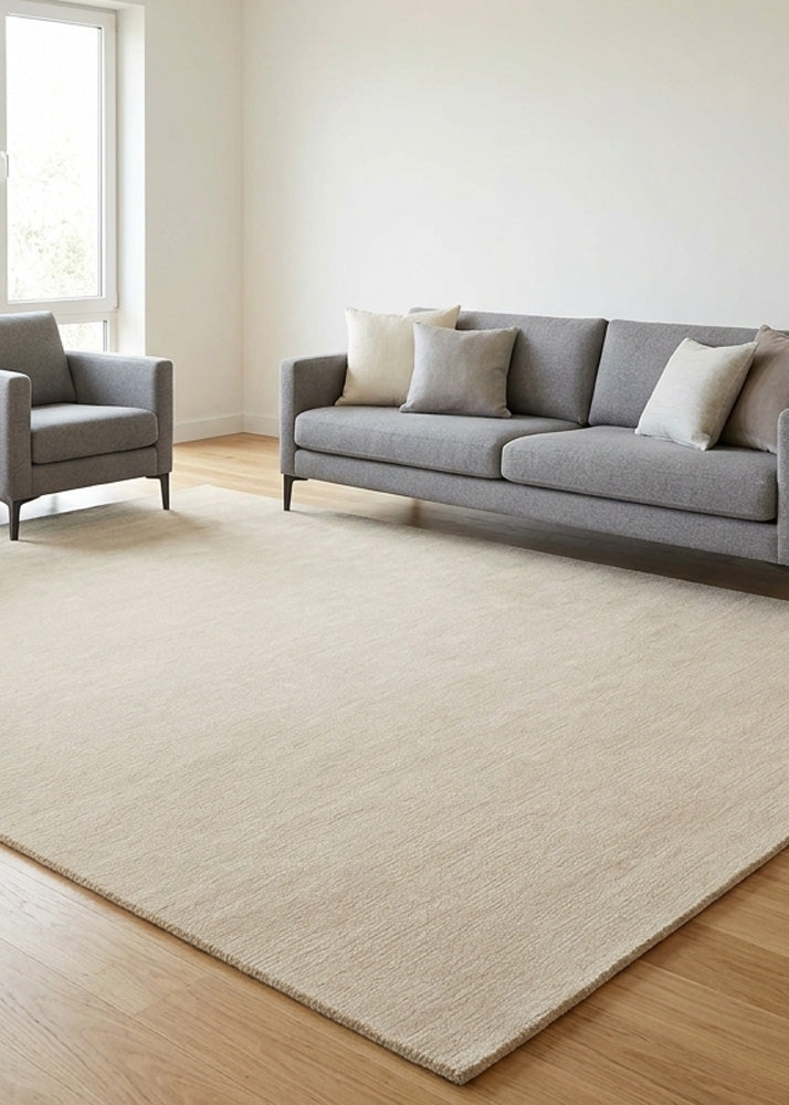 Minimalist Beige Wool Rug styled in a modern neutral living room