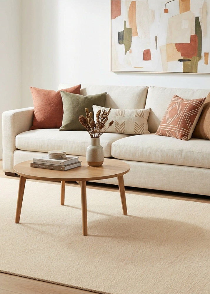 Minimalist Oatmeal Wool Rug styled in a modern neutral living room