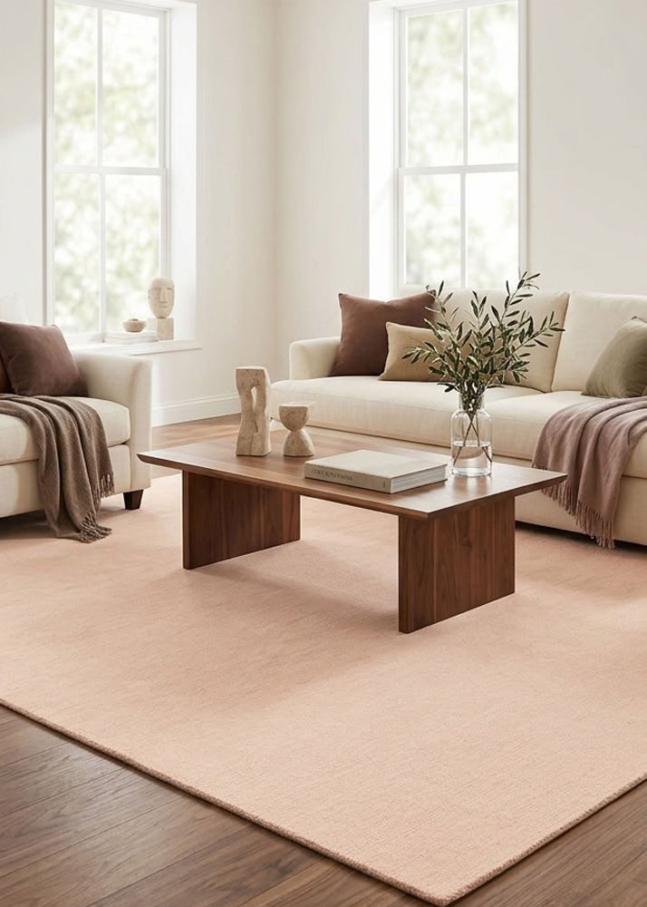 Minimalist Blush Beige Wool Rug in plain solid design