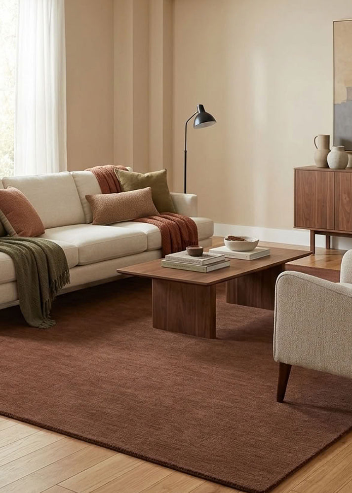 Minimalist Wool Rug in Chestnut styled in a modern living room