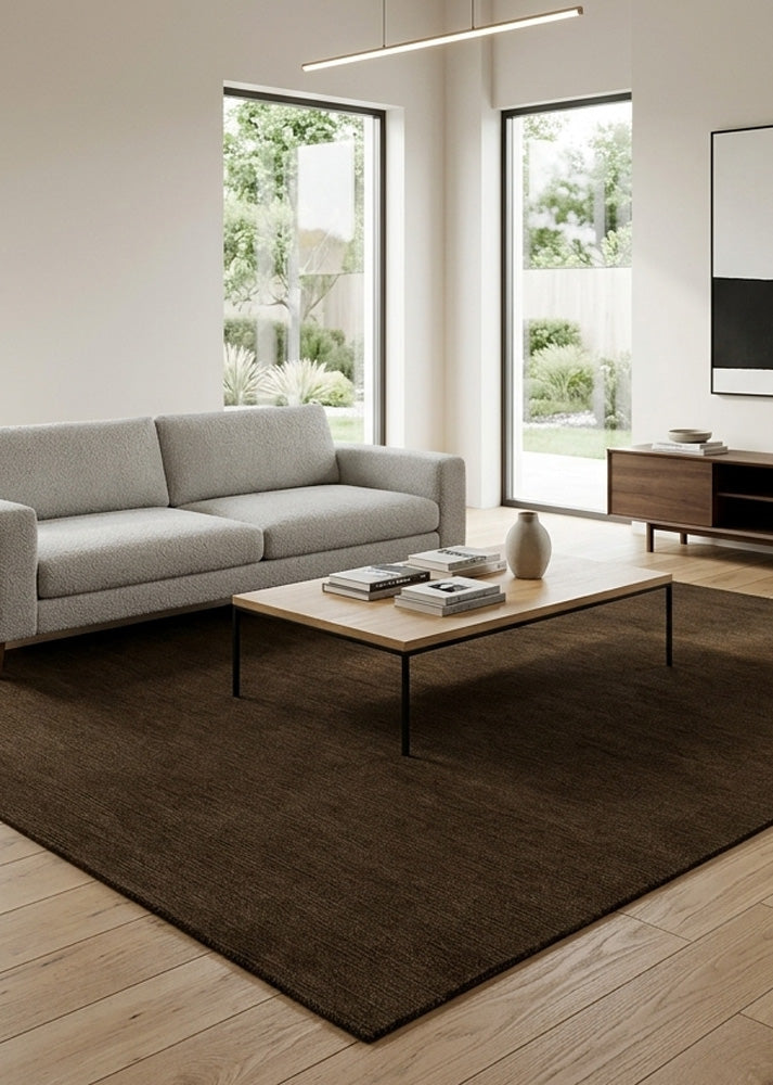 Minimalist Dark Cocoa Brown Wool Rug in plain solid design