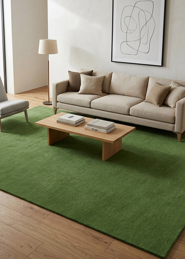 Minimalist Wool Rug in Forest Green styled in a modern living room