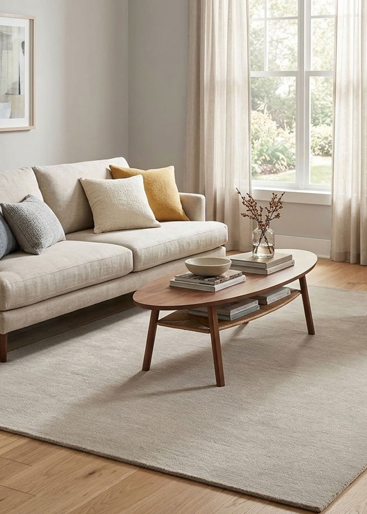 Minimalist Wool Rug in Grey Mushroom styled in a modern living room
