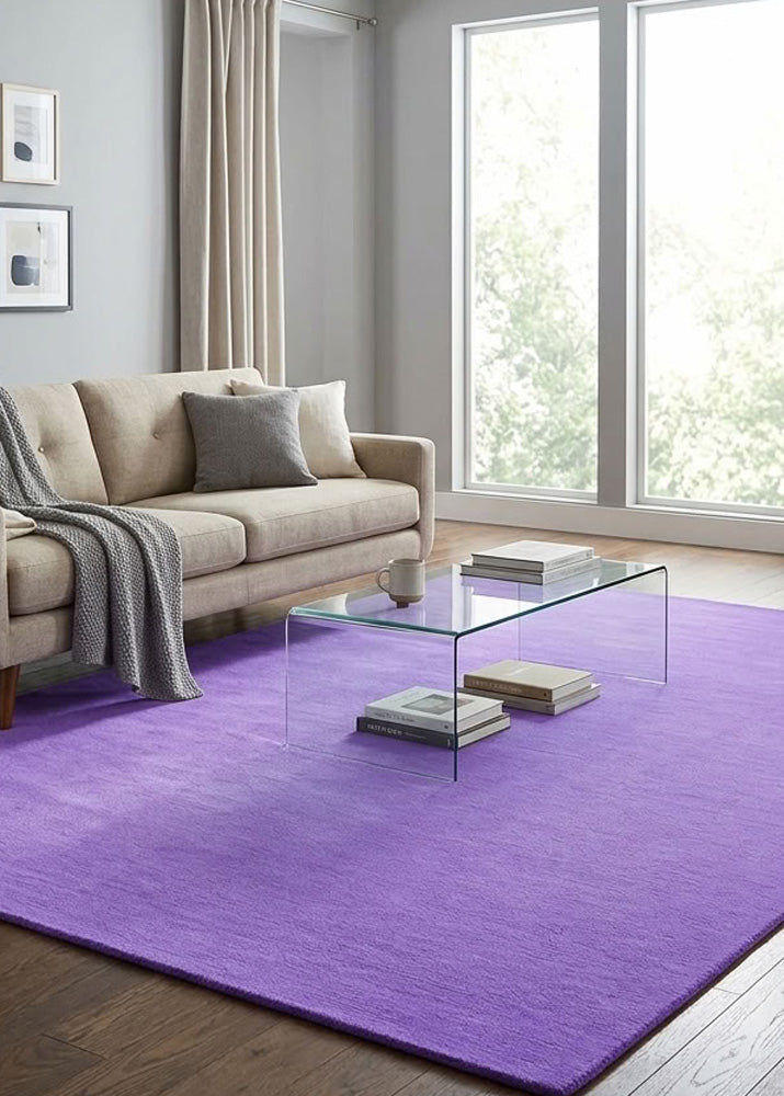 Minimalist Wool Rug in Lavender styled in a modern living room