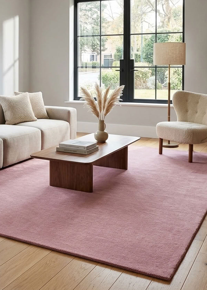 Minimalist Wool Rug in Mauve styled in a modern neutral living room