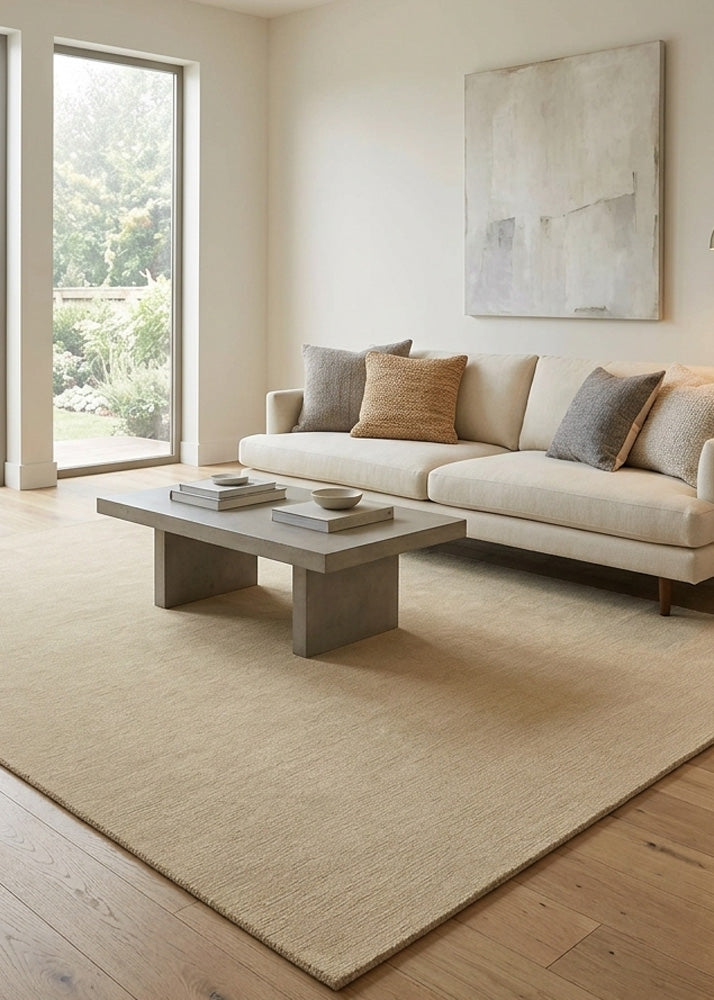 Minimalist Wool Rug in Natural Sand styled in a modern neutral living room