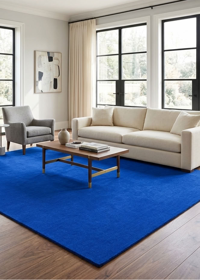 Minimalist Royal Blue Wool Rug styled in a contemporary living room