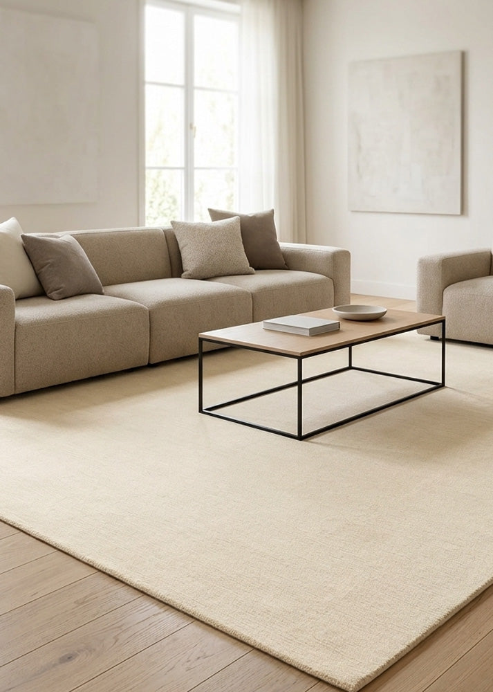 Minimalist Wool Rug in Soft Warm Beige plain solid design