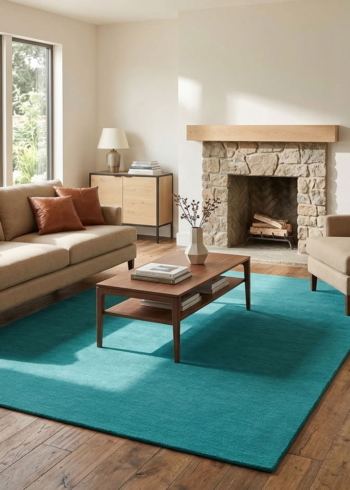 Minimalist Teal Blue Wool Rug styled in a contemporary living room