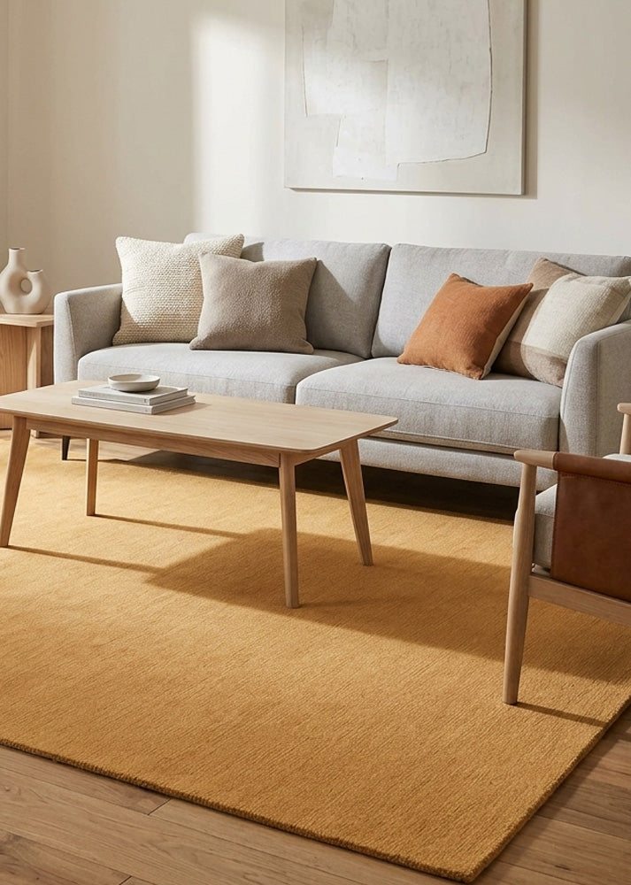 Minimalist Wool Rug in Walnut Brown styled in a modern living room