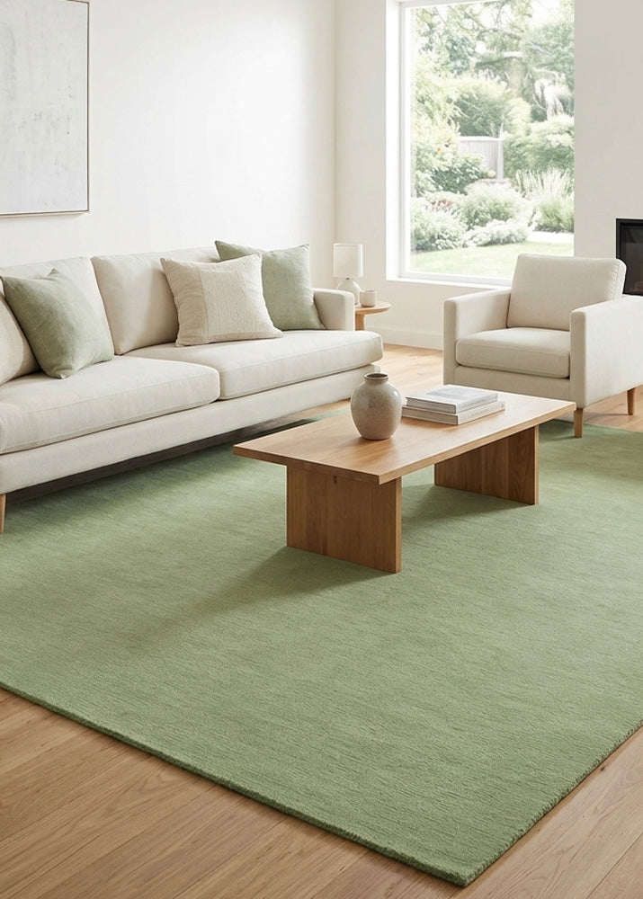 Minimalist Wool Rug in Warm Sage Green styled in a modern living room