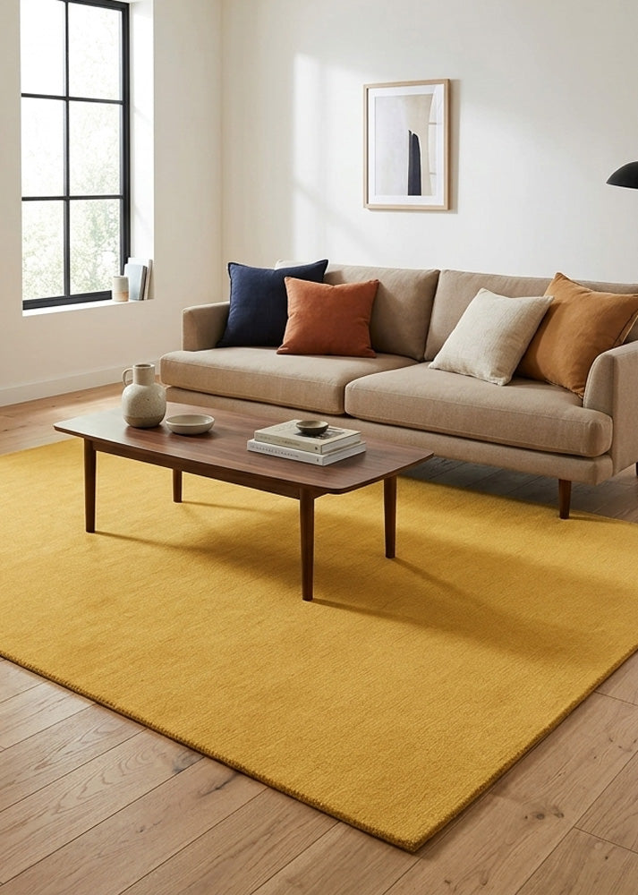 Minimalist Wool Rug in Yellow Ochre styled in a modern living room