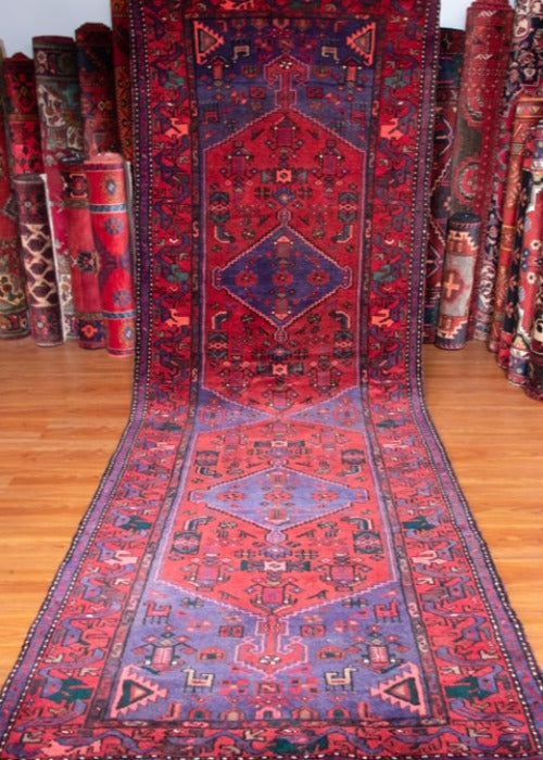 Vintage Zanjan Hand-Knotted Persian Wool Runner Rug