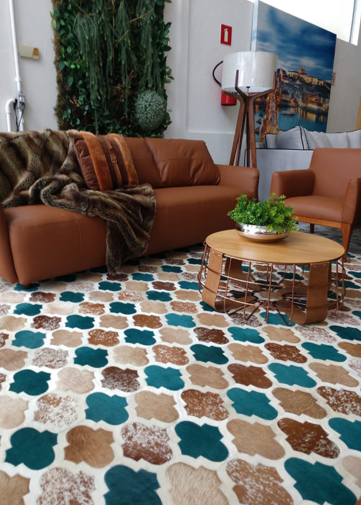 stitched patchwork rug with a natural leather