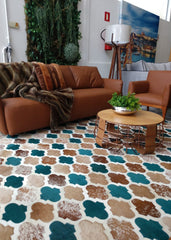 stitched patchwork rug with a natural leather