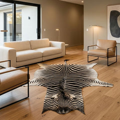 Genuine zebra skin hide displayed in modern living room floor rug