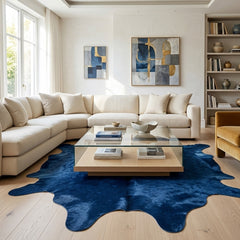 modern cowhide rug in blue
